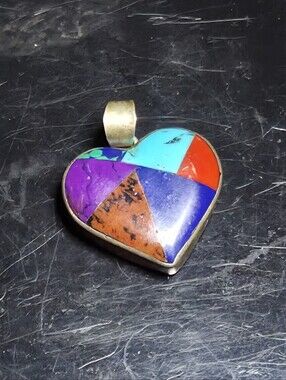 VTG Taxco Mexico 925 Sterling Silver Multi Stone Inlay Patchwork Heart Pendant